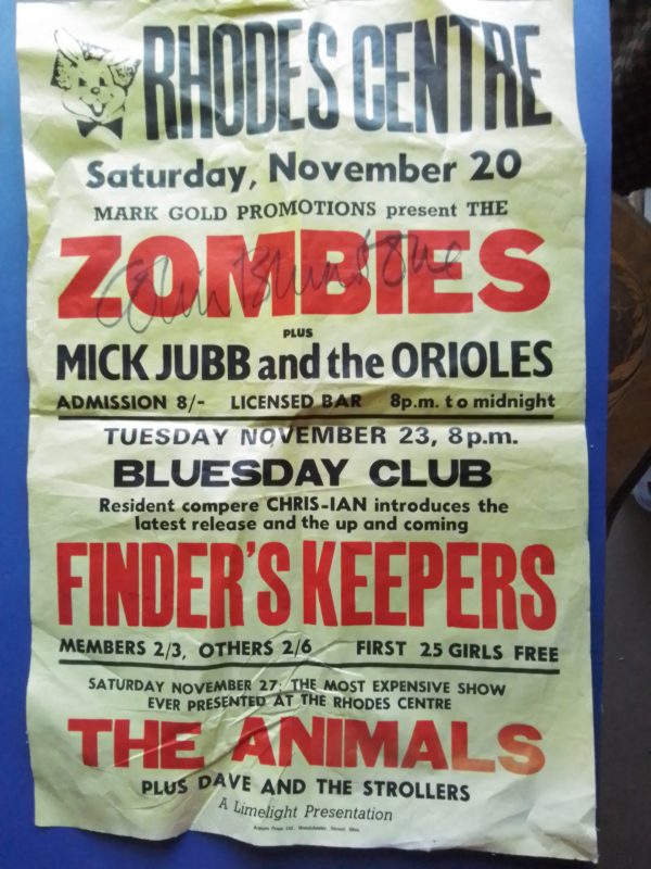 1960s Pop Poster Zombies signed by Colin bluestone Plus the Animals